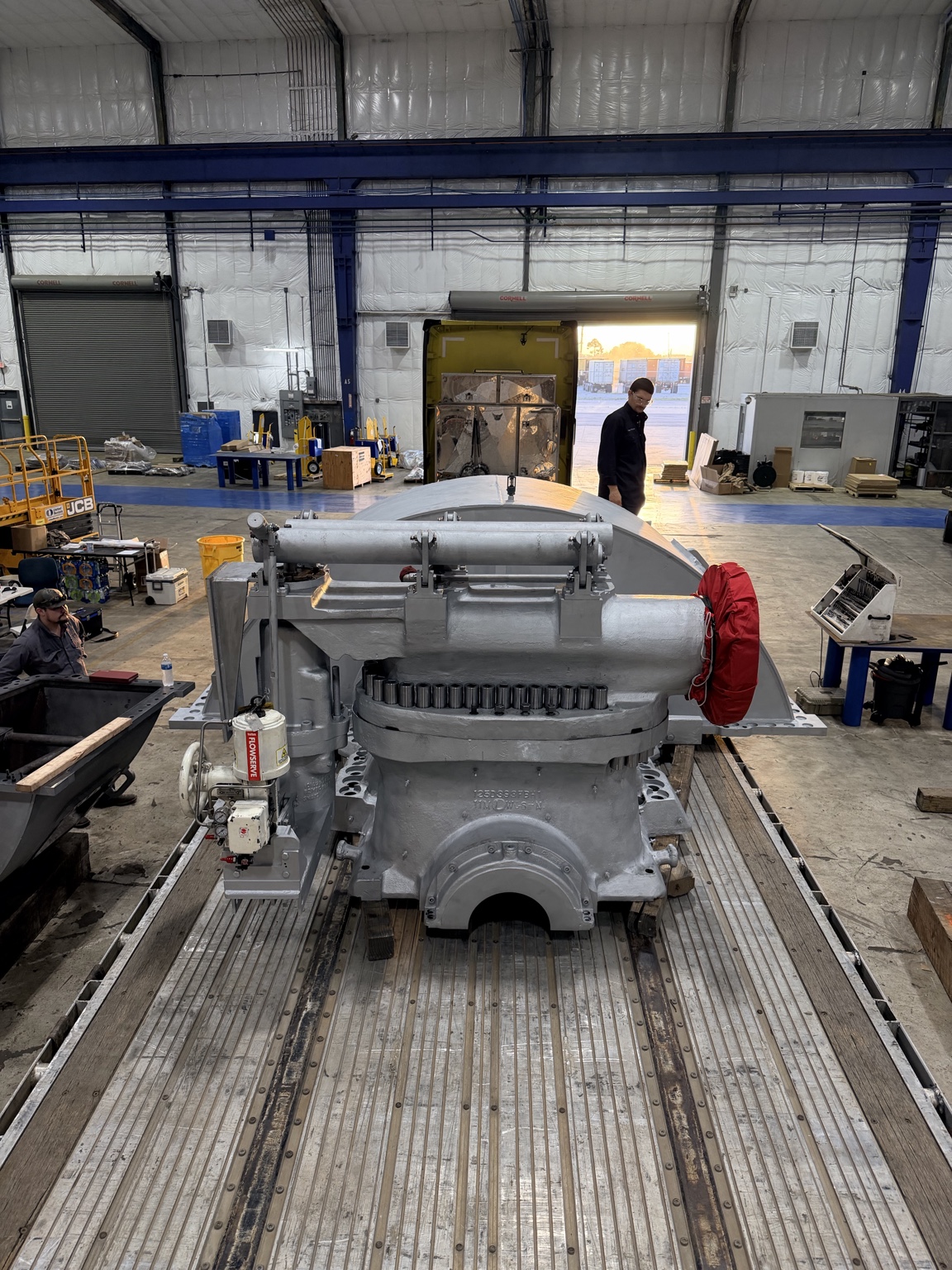 Assembled turbine casing on transport trailer
